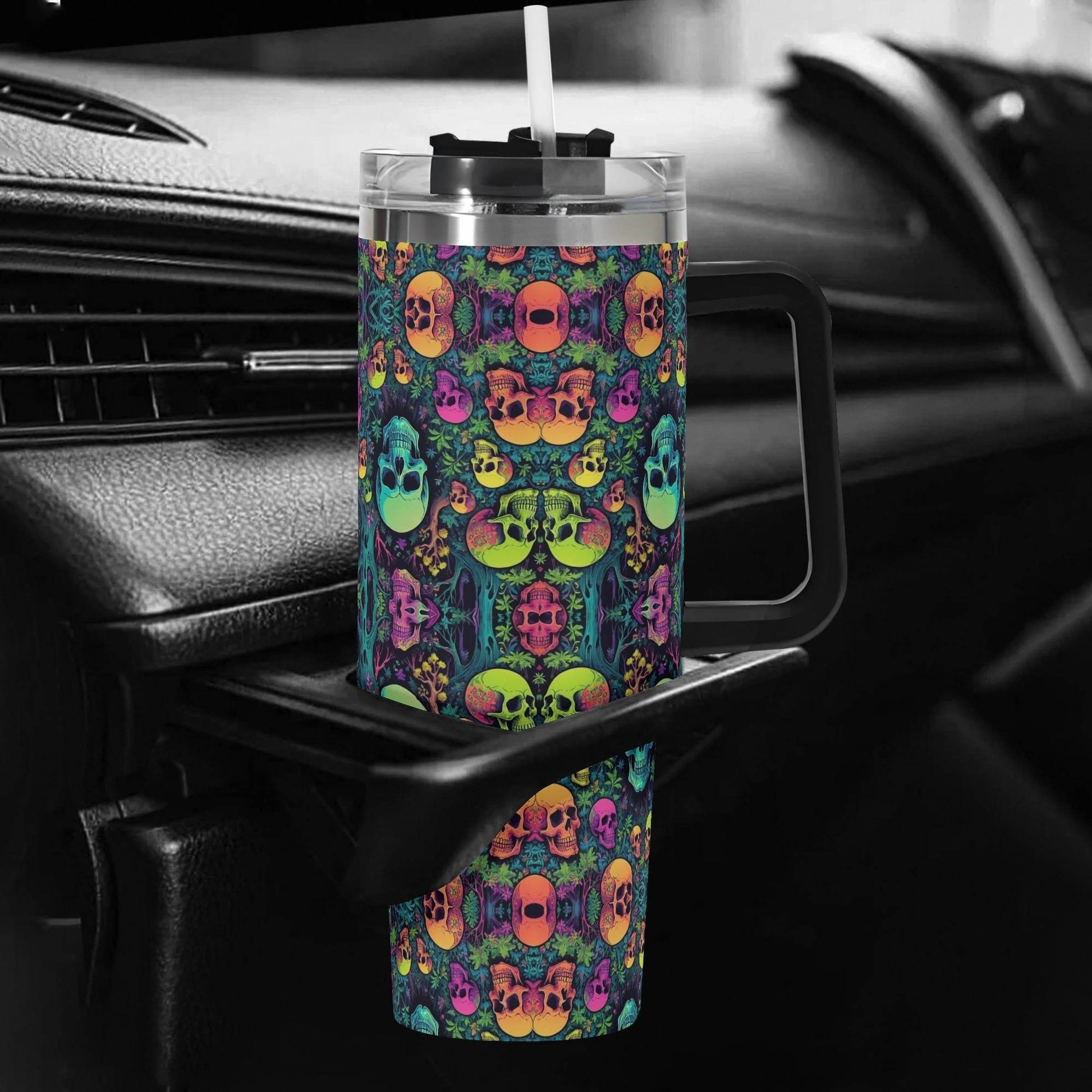 Trippy Skulls 40oz Stainless Steel Tumbler Gift With Black Handle and Straw - DeRose Seasonal