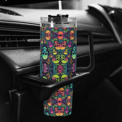 Trippy Skulls 40oz Stainless Steel Tumbler Gift With Black Handle and Straw - DeRose Seasonal