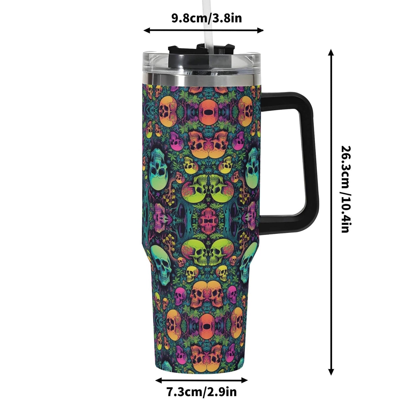 Trippy Skulls 40oz Stainless Steel Tumbler Gift With Black Handle and Straw - DeRose Seasonal