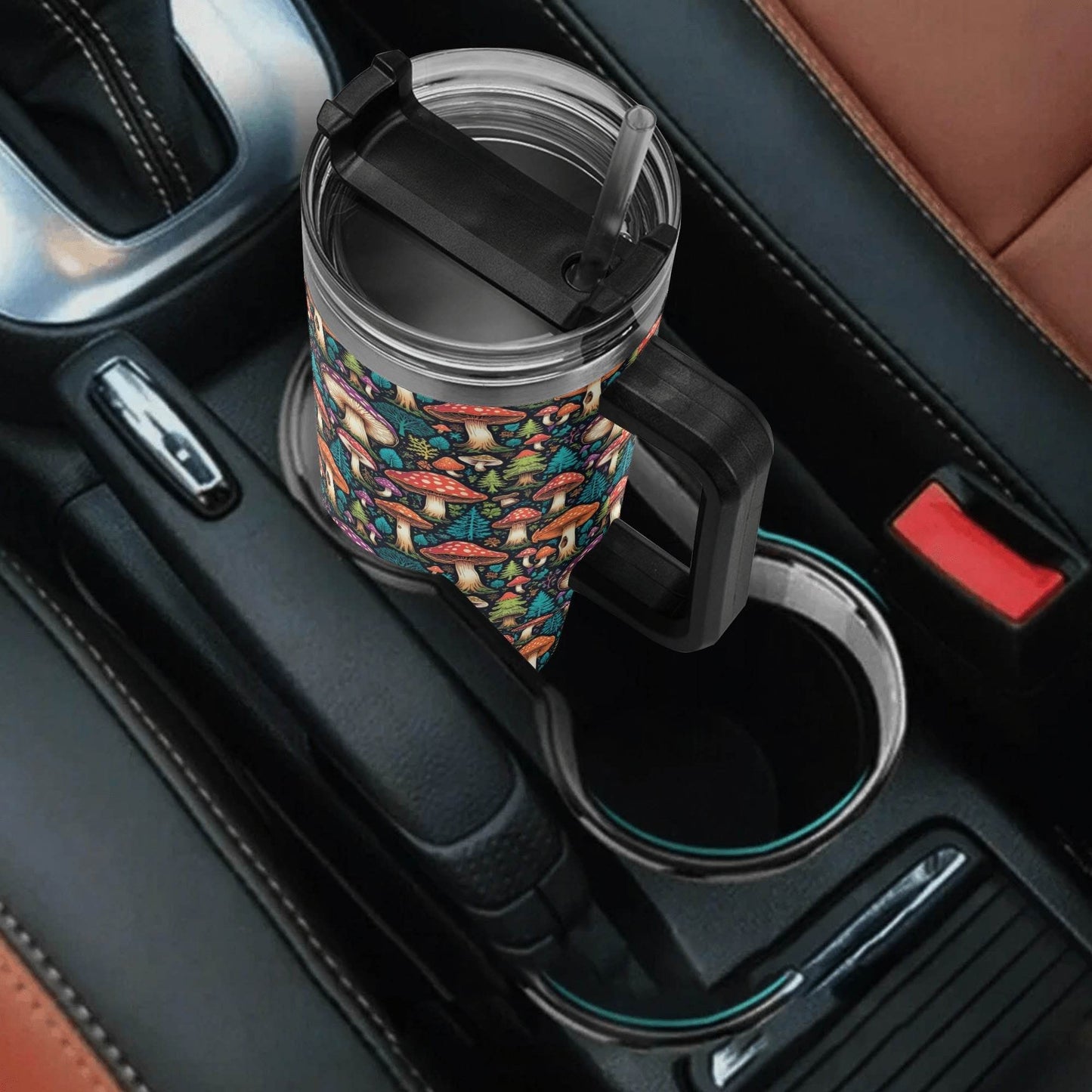 Forest Shrooms 40oz Stainless Steel Tumbler Gift With Black Handle and Straw - DeRose Seasonal