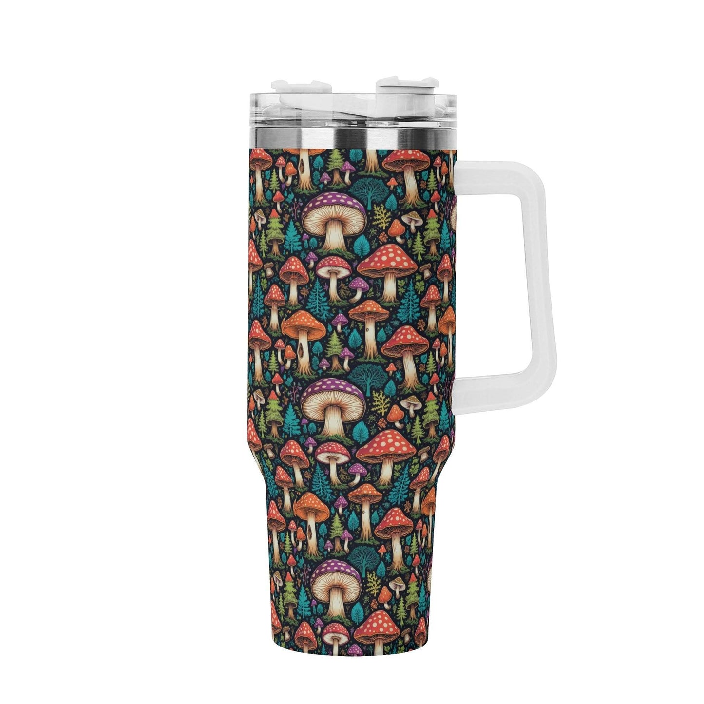 Forest Shrooms 40oz Stainless Steel Tumbler Gift With White Handle and Straw - DeRose Seasonal