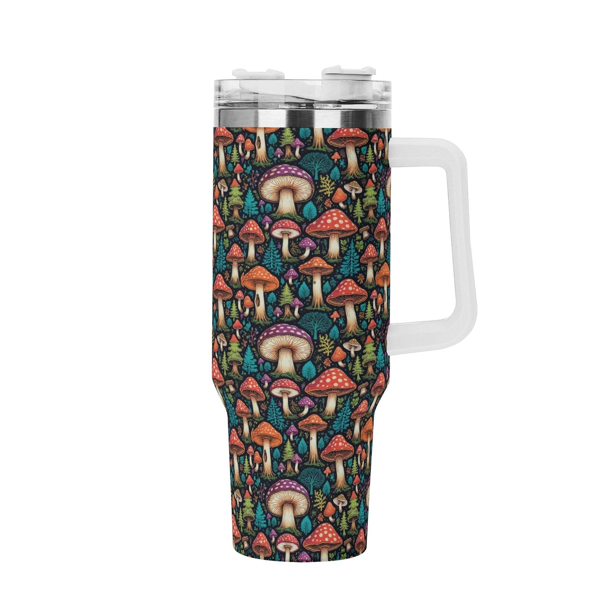 Forest Shrooms 40oz Stainless Steel Tumbler Gift With White Handle and Straw - DeRose Seasonal