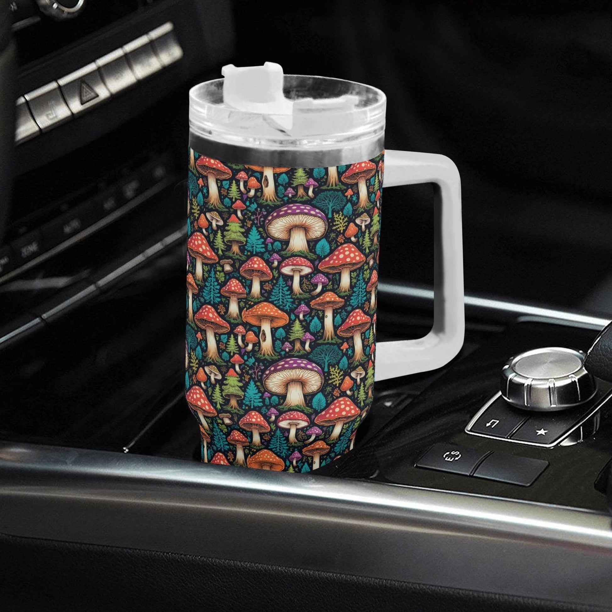Forest Shrooms 40oz Stainless Steel Tumbler Gift With White Handle and Straw - DeRose Seasonal