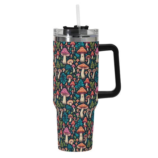 Shroomy 40oz Stainless Steel Tumbler Gift With Black Handle and Straw - DeRose Seasonal
