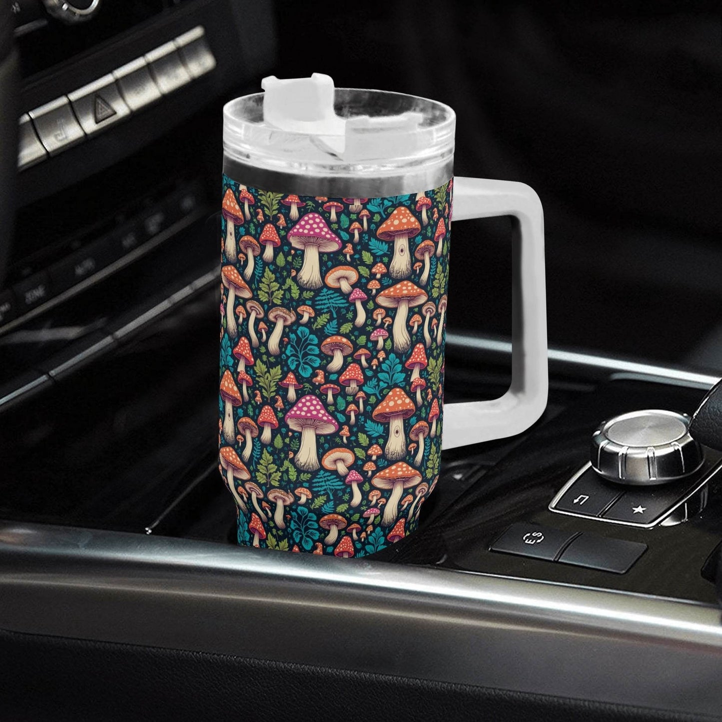 Shroomy 40oz Stainless Steel Tumbler Gift With White Handle and Straw - DeRose Seasonal