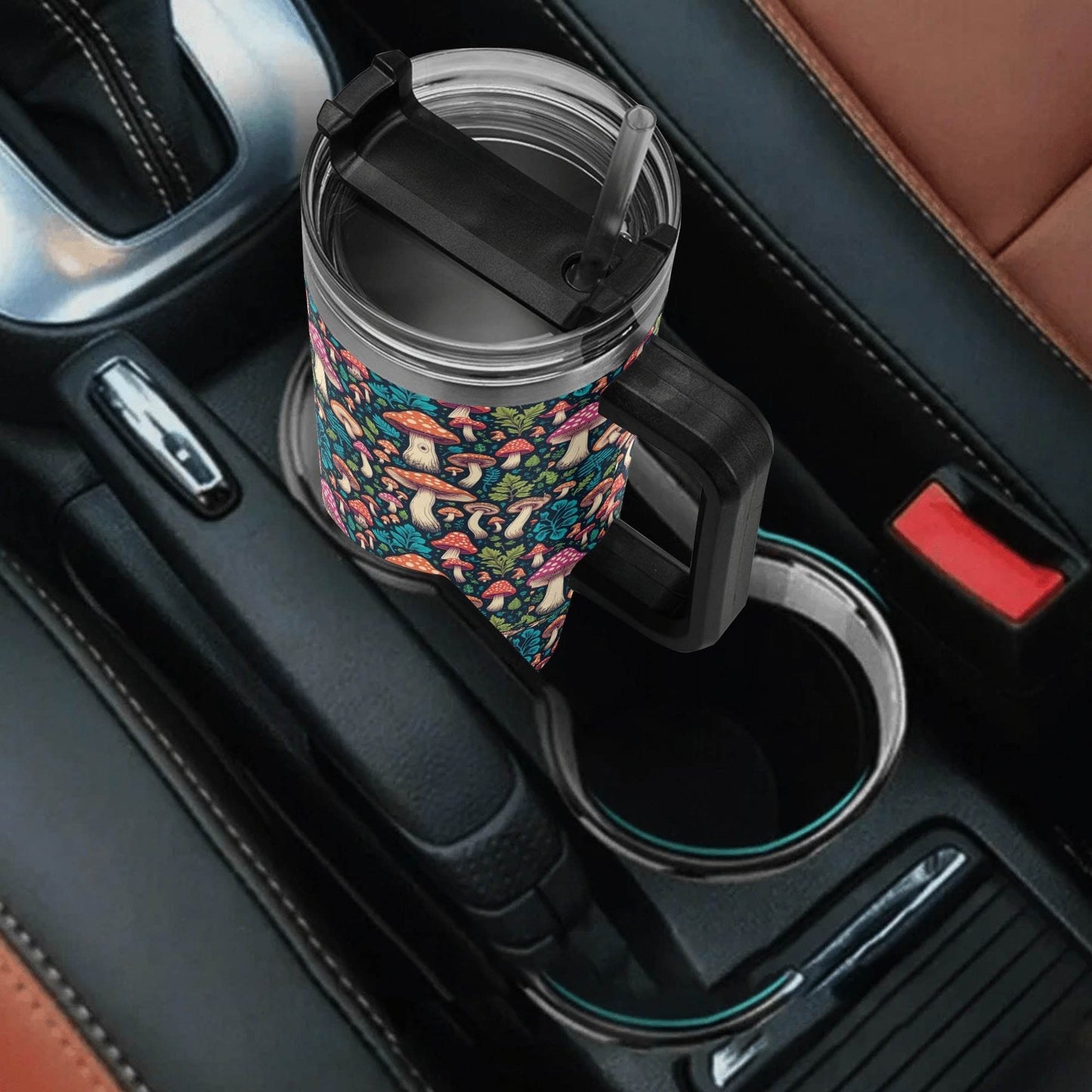 Shroomy 40oz Stainless Steel Tumbler Gift With Black Handle and Straw - DeRose Seasonal