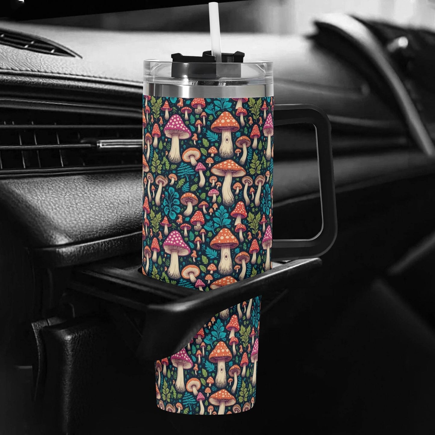 Shroomy 40oz Stainless Steel Tumbler Gift With Black Handle and Straw - DeRose Seasonal