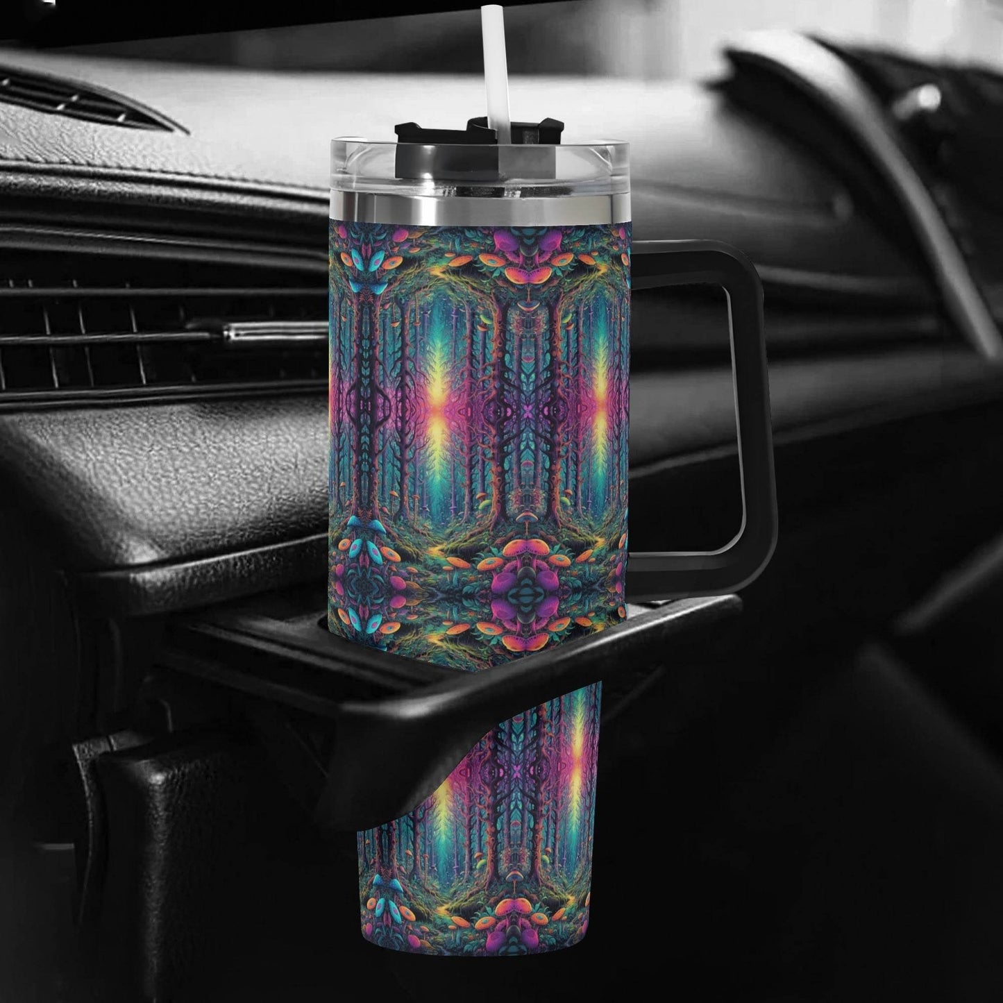 Trippy Trees 40oz Stainless Steel Tumbler Gift With Black Handle and Straw - DeRose Seasonal
