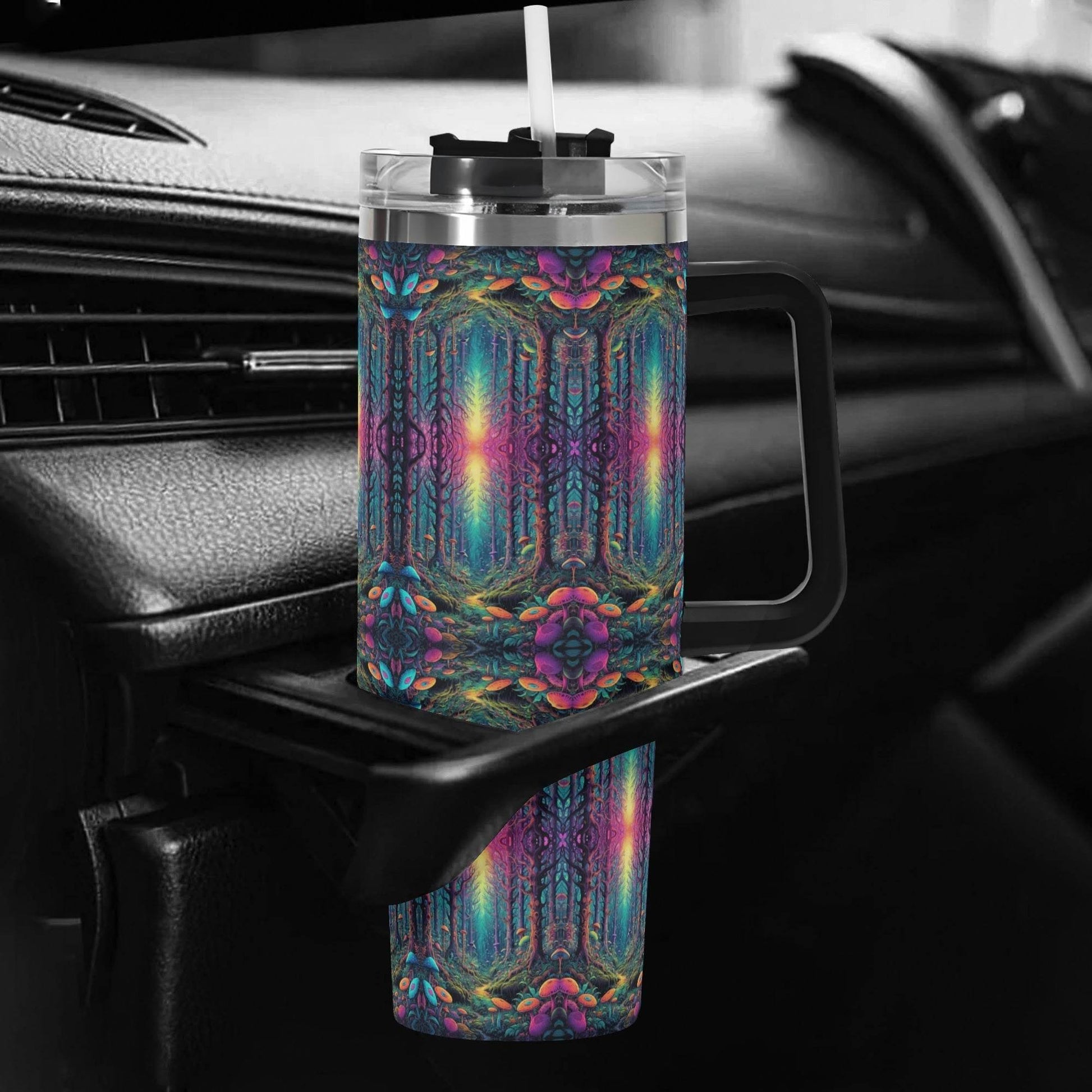 Trippy Trees 40oz Stainless Steel Tumbler Gift With Black Handle and Straw - DeRose Seasonal