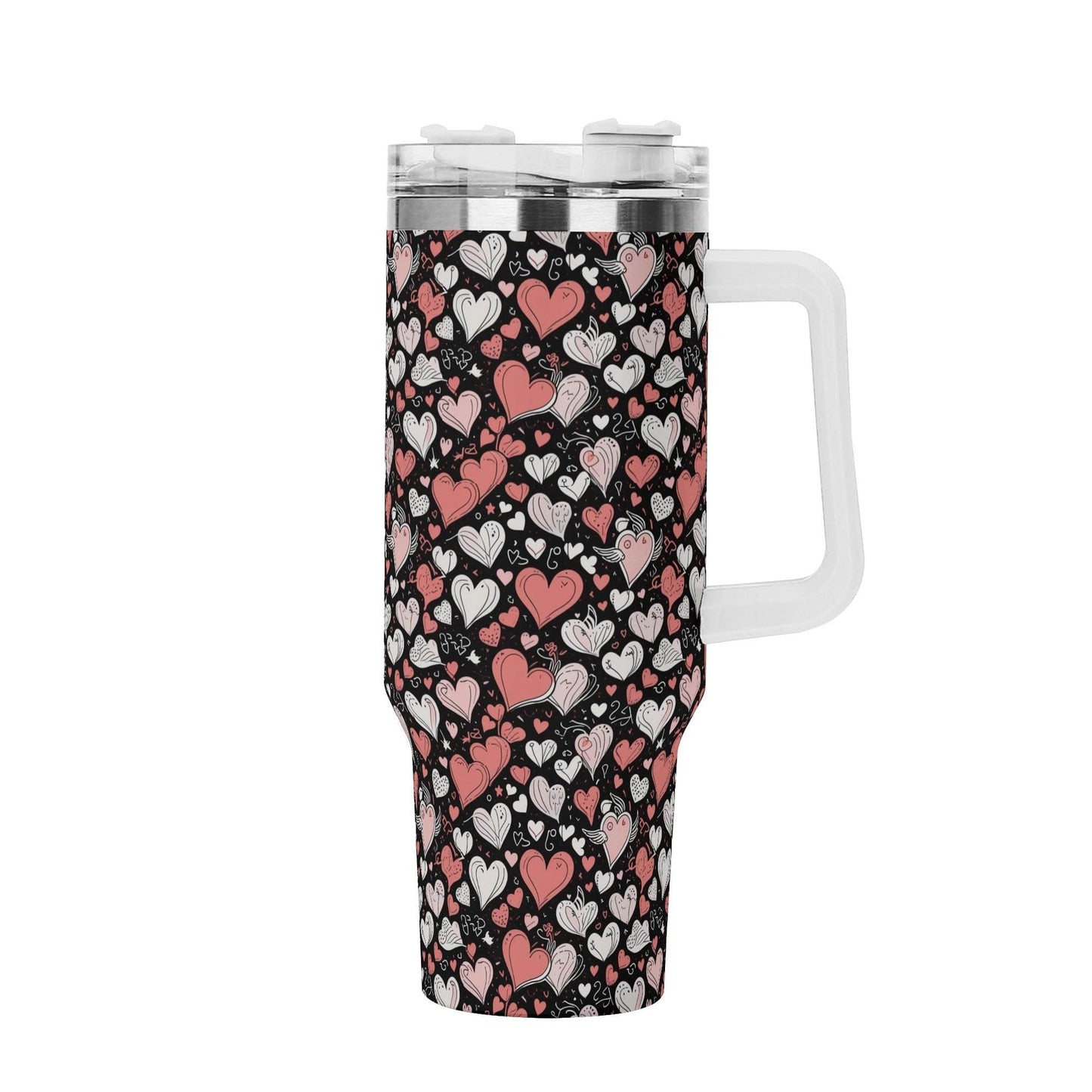 Colorful Hearts 40oz Stainless Steel Tumbler Gift With White Handle and Straw - DeRose Seasonal