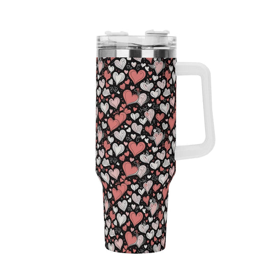 Colorful Hearts 40oz Stainless Steel Tumbler Gift With White Handle and Straw - DeRose Seasonal