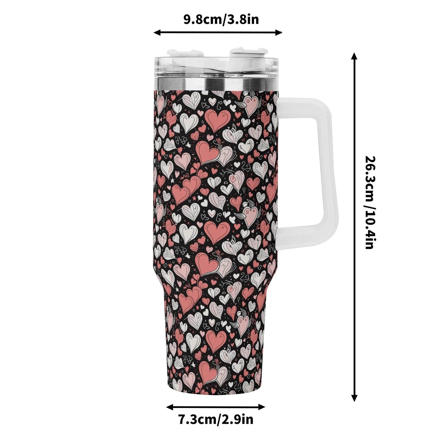 Colorful Hearts 40oz Stainless Steel Tumbler Gift With White Handle and Straw - DeRose Seasonal