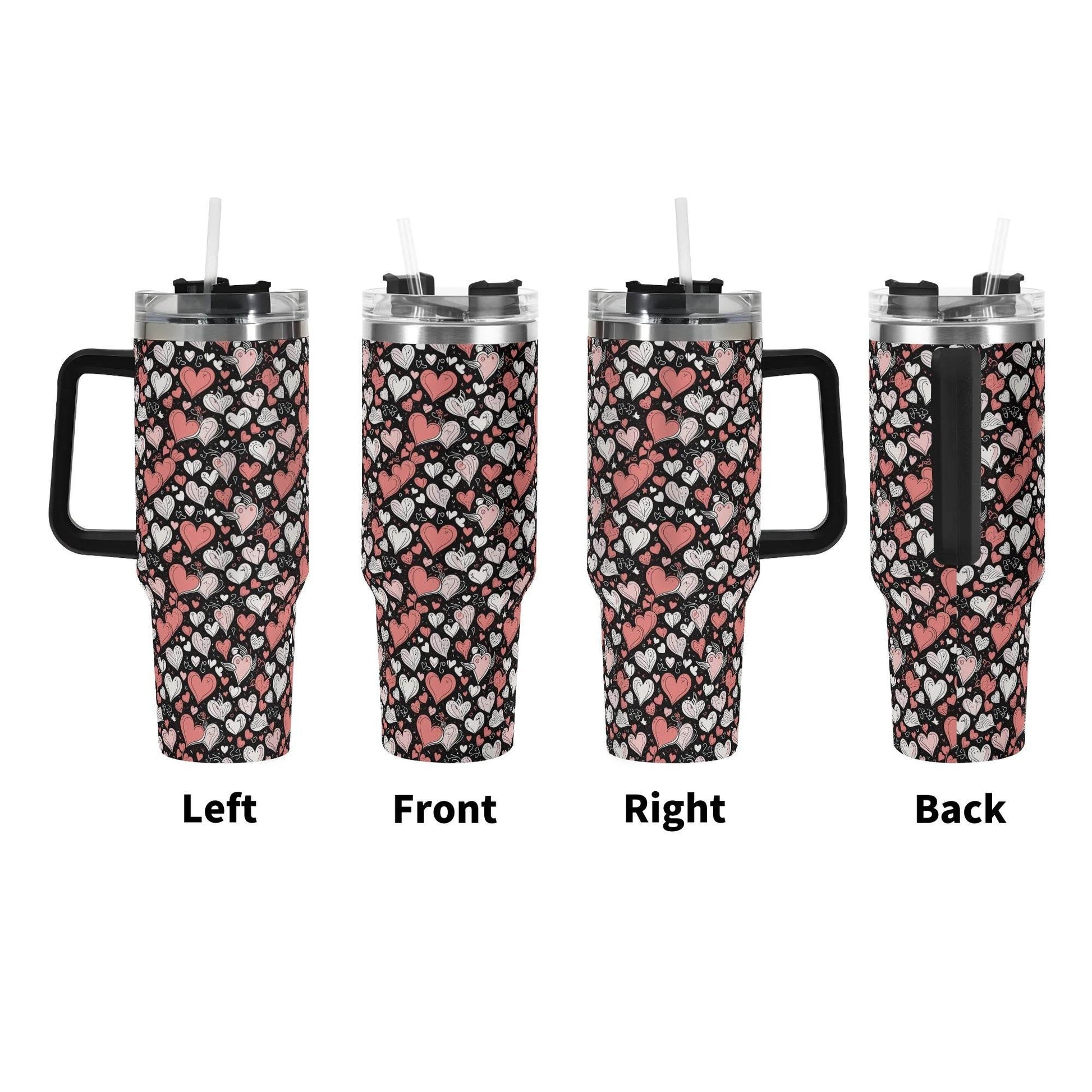 Colorful Hearts 40oz Stainless Steel Tumbler Gift With Black Handle and Straw - DeRose Seasonal