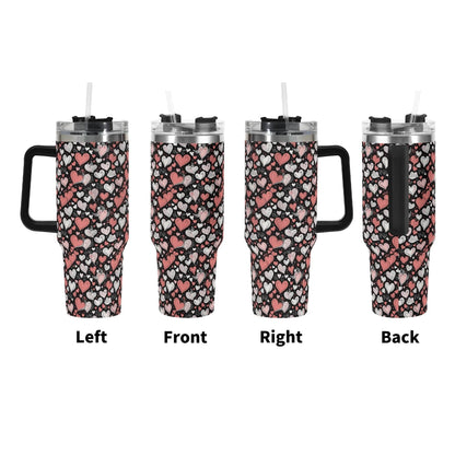Colorful Hearts 40oz Stainless Steel Tumbler Gift With Black Handle and Straw - DeRose Seasonal