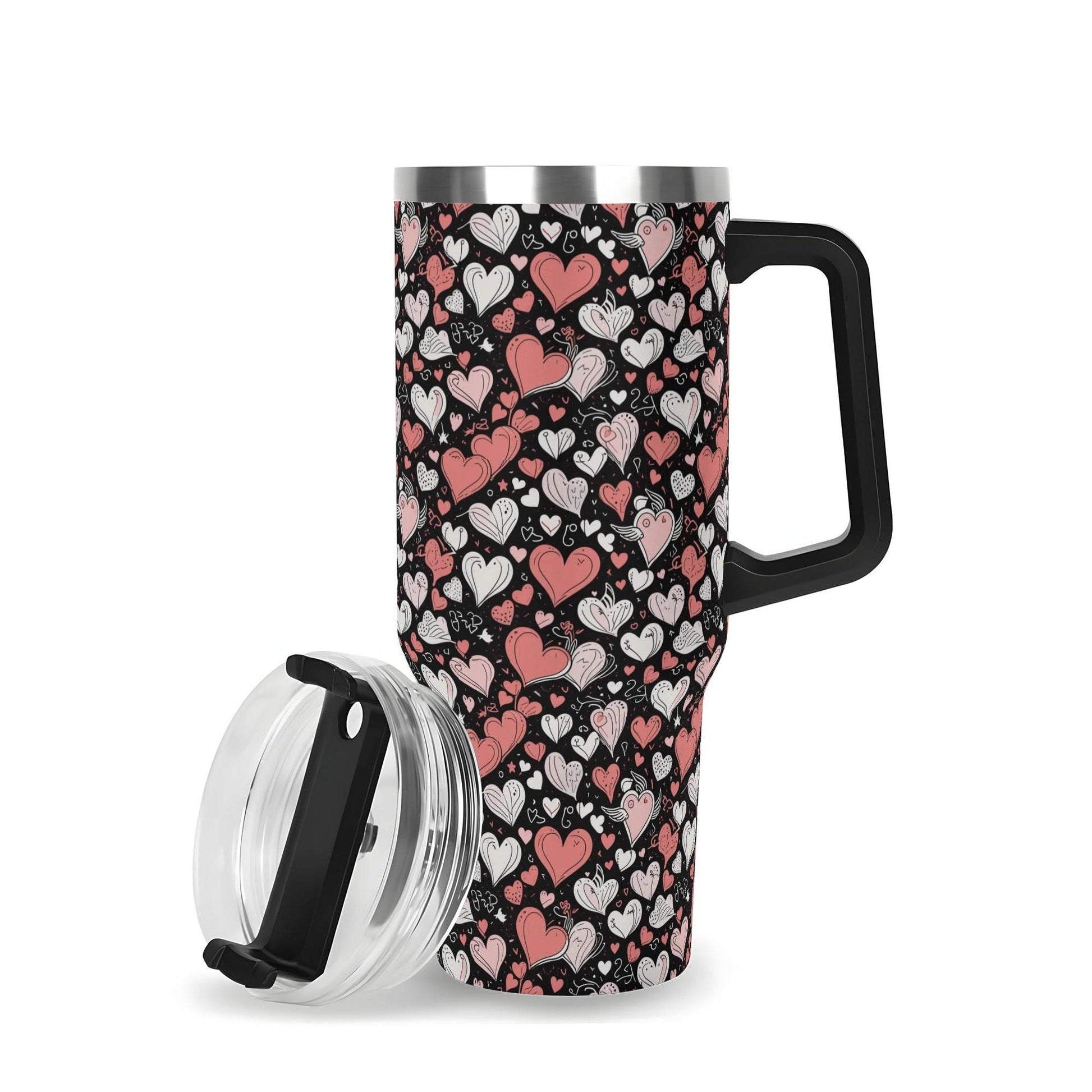 Colorful Hearts 40oz Stainless Steel Tumbler Gift With Black Handle and Straw - DeRose Seasonal