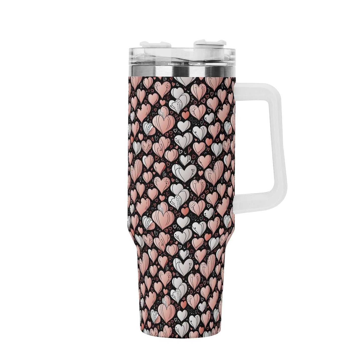 Pink Hearts 40oz Stainless Steel Tumbler Gift With White Handle and Straw - DeRose Seasonal