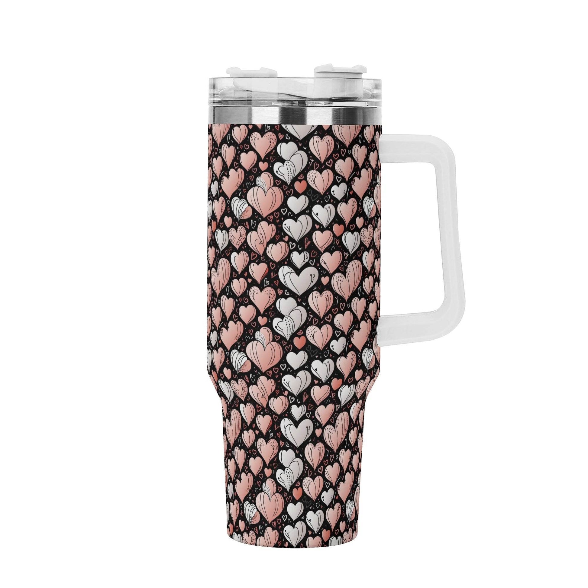 Pink Hearts 40oz Stainless Steel Tumbler Gift With White Handle and Straw - DeRose Seasonal