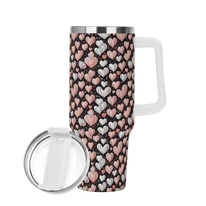 Pink Hearts 40oz Stainless Steel Tumbler Gift With White Handle and Straw - DeRose Seasonal