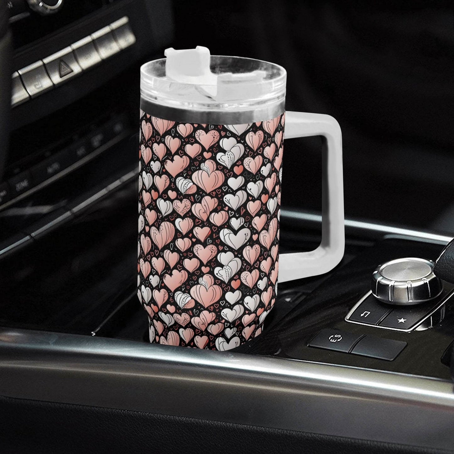 Pink Hearts 40oz Stainless Steel Tumbler Gift With White Handle and Straw - DeRose Seasonal