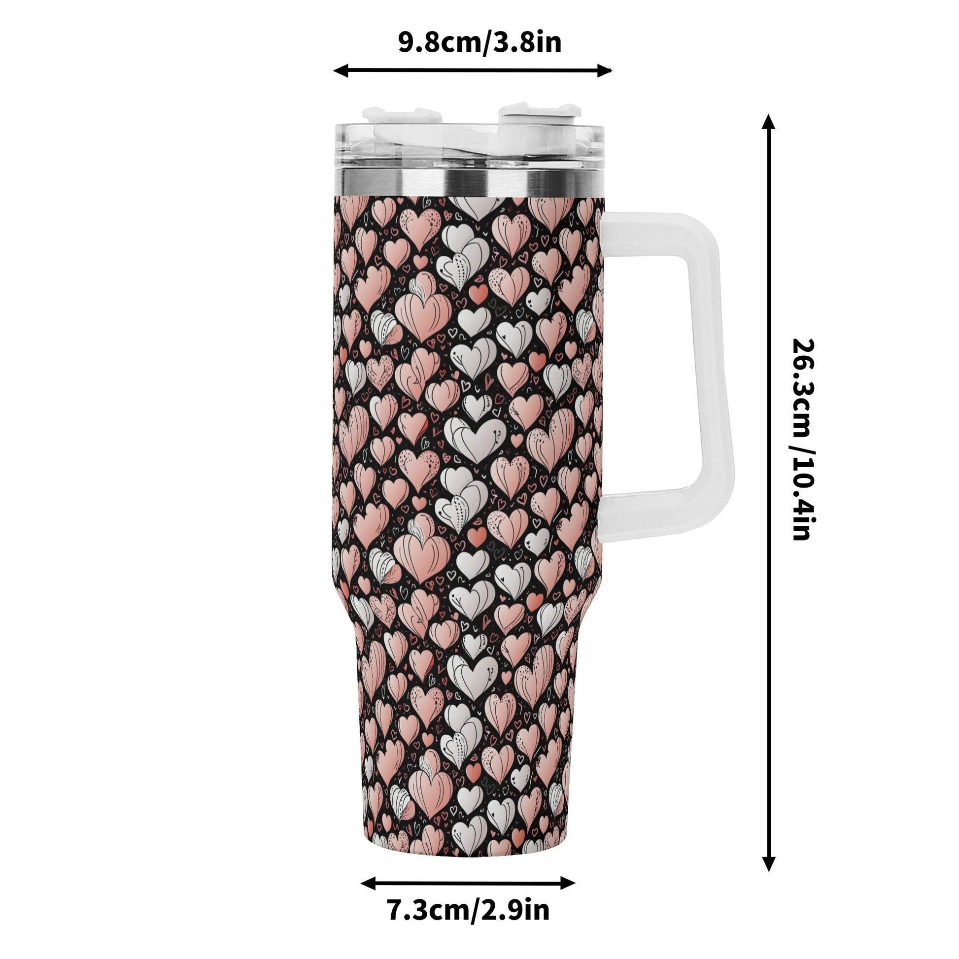 Pink Hearts 40oz Stainless Steel Tumbler Gift With White Handle and Straw - DeRose Seasonal