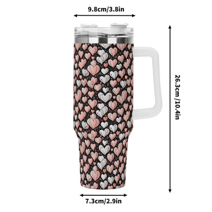 Pink Hearts 40oz Stainless Steel Tumbler Gift With White Handle and Straw - DeRose Seasonal