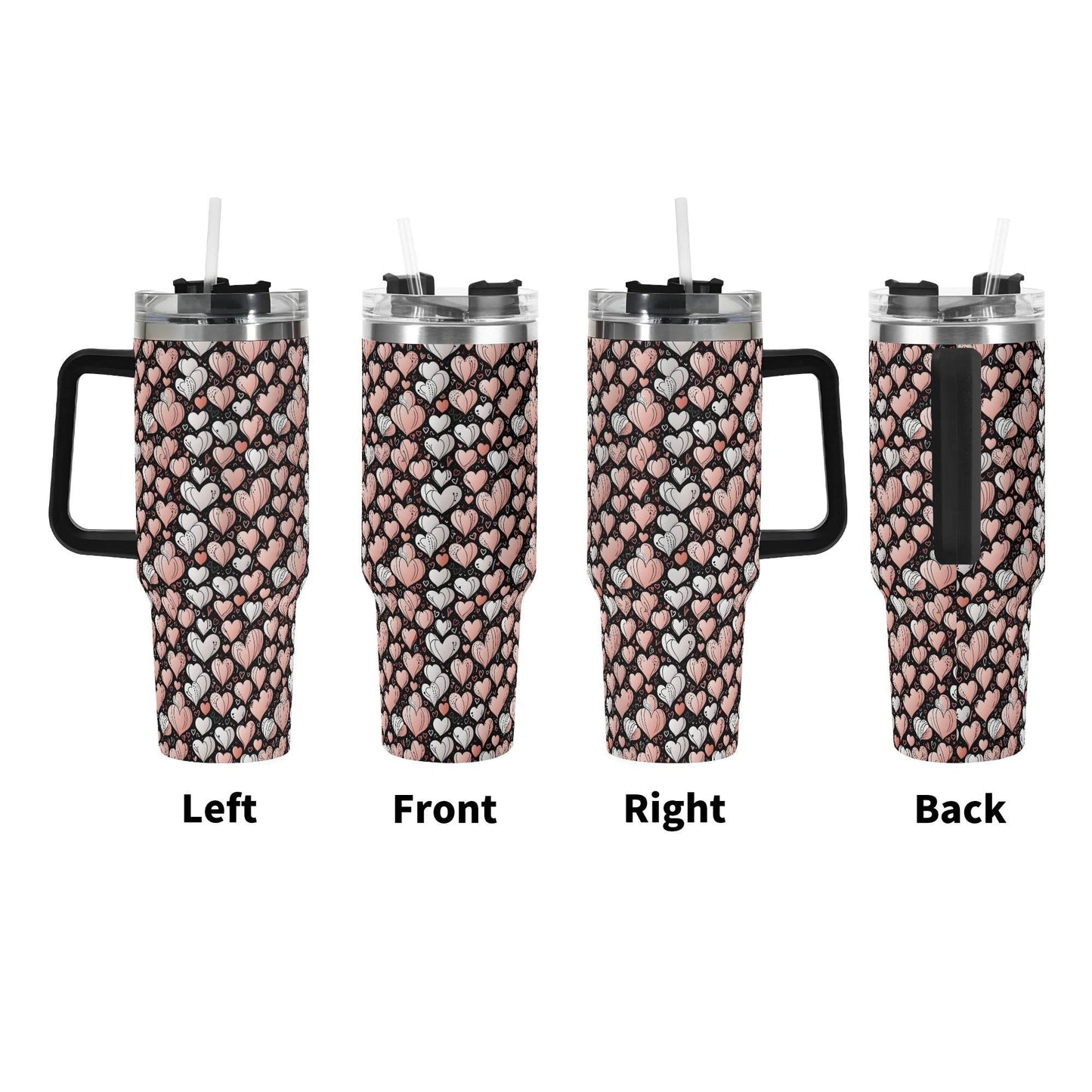 Pink Hearts 40oz Stainless Steel Tumbler Gift With Black Handle and Straw - DeRose Seasonal