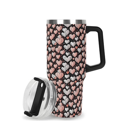Pink Hearts 40oz Stainless Steel Tumbler Gift With Black Handle and Straw - DeRose Seasonal