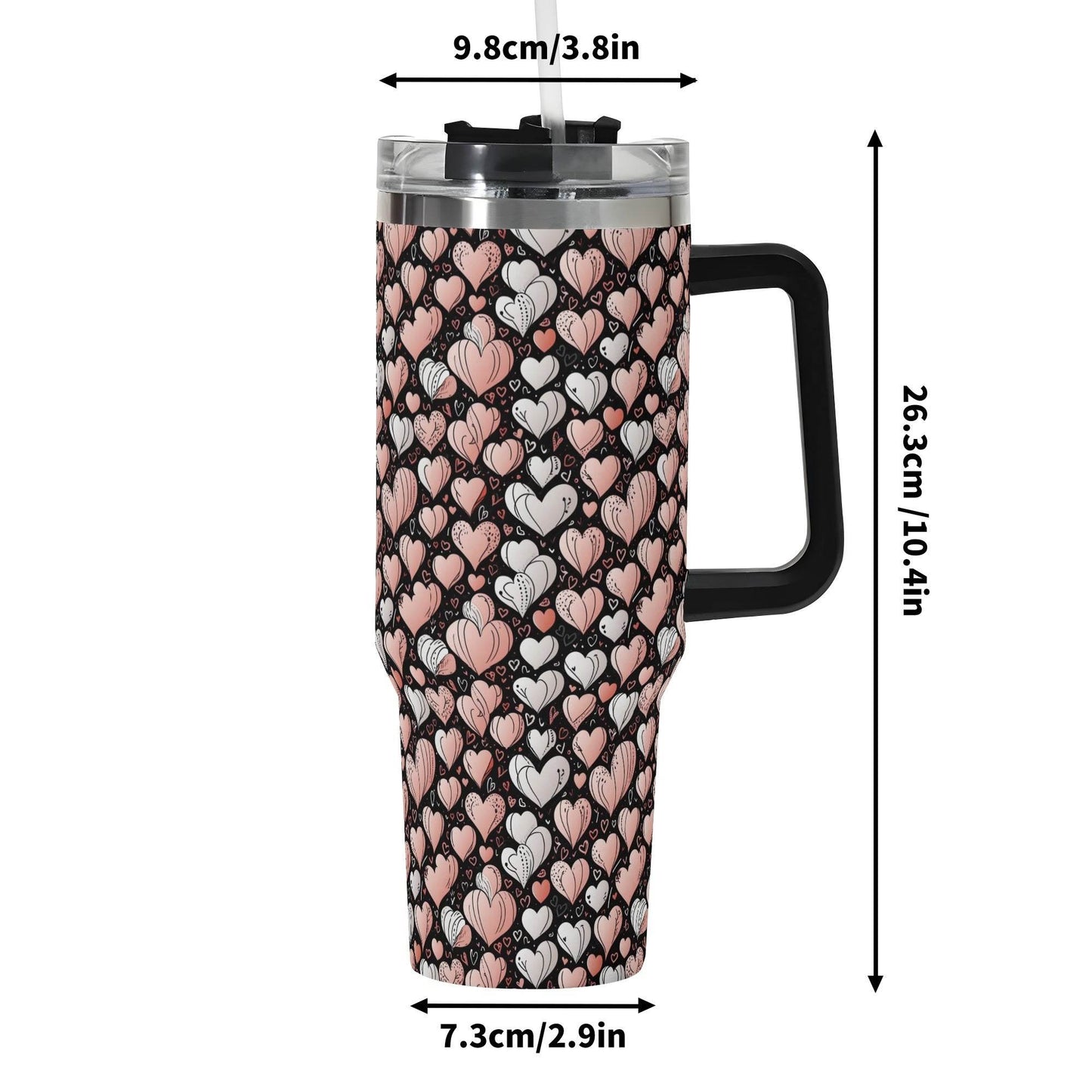 Pink Hearts 40oz Stainless Steel Tumbler Gift With Black Handle and Straw - DeRose Seasonal