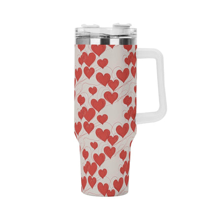 Minimal Hearts 40oz Stainless Steel Tumbler Gift With White Handle and Straw - DeRose Seasonal