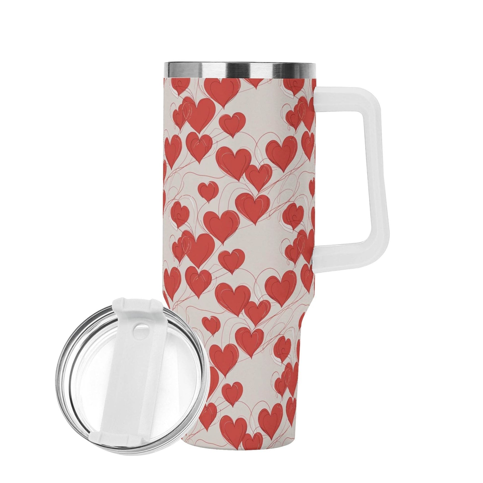 Minimal Hearts 40oz Stainless Steel Tumbler Gift With White Handle and Straw - DeRose Seasonal