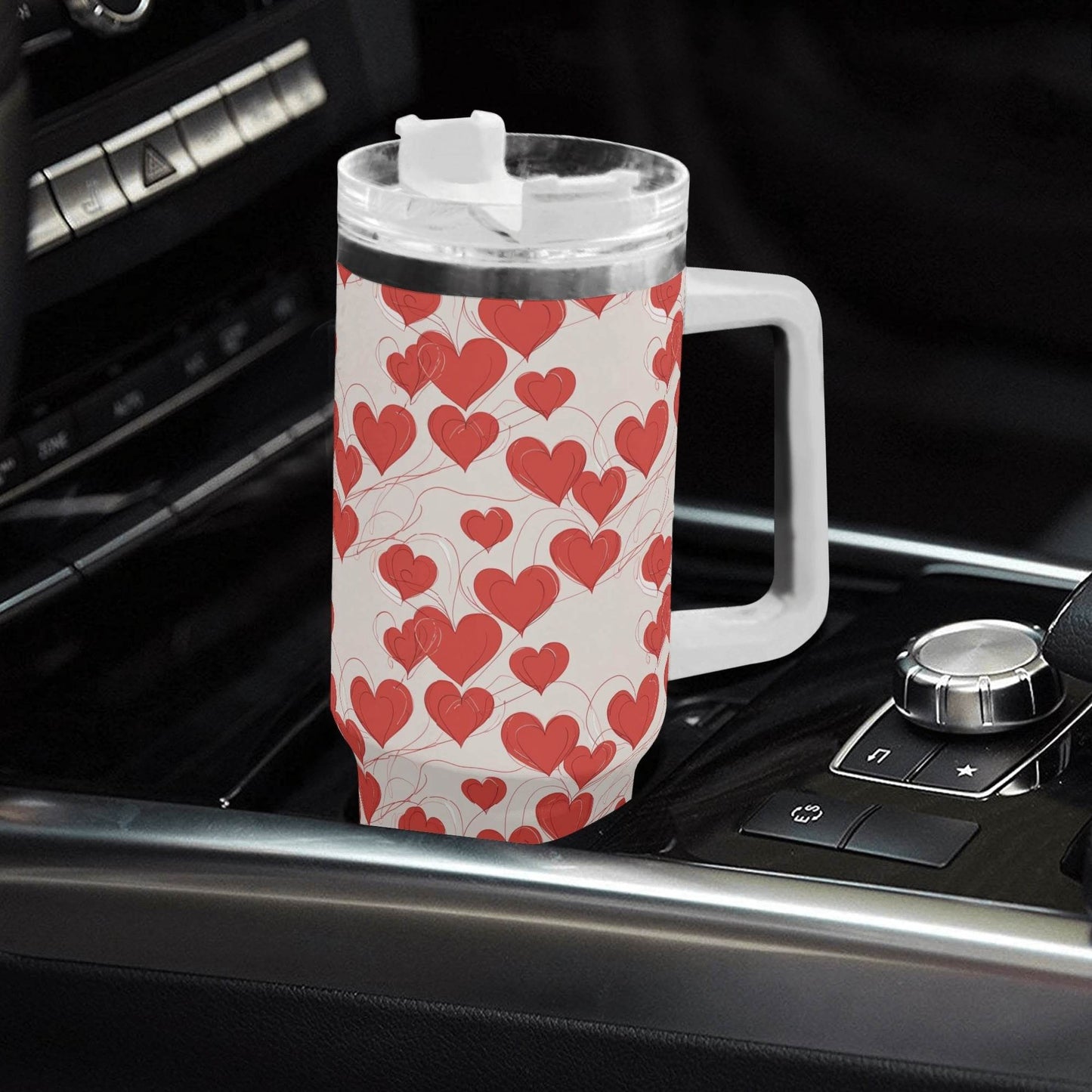 Minimal Hearts 40oz Stainless Steel Tumbler Gift With White Handle and Straw - DeRose Seasonal
