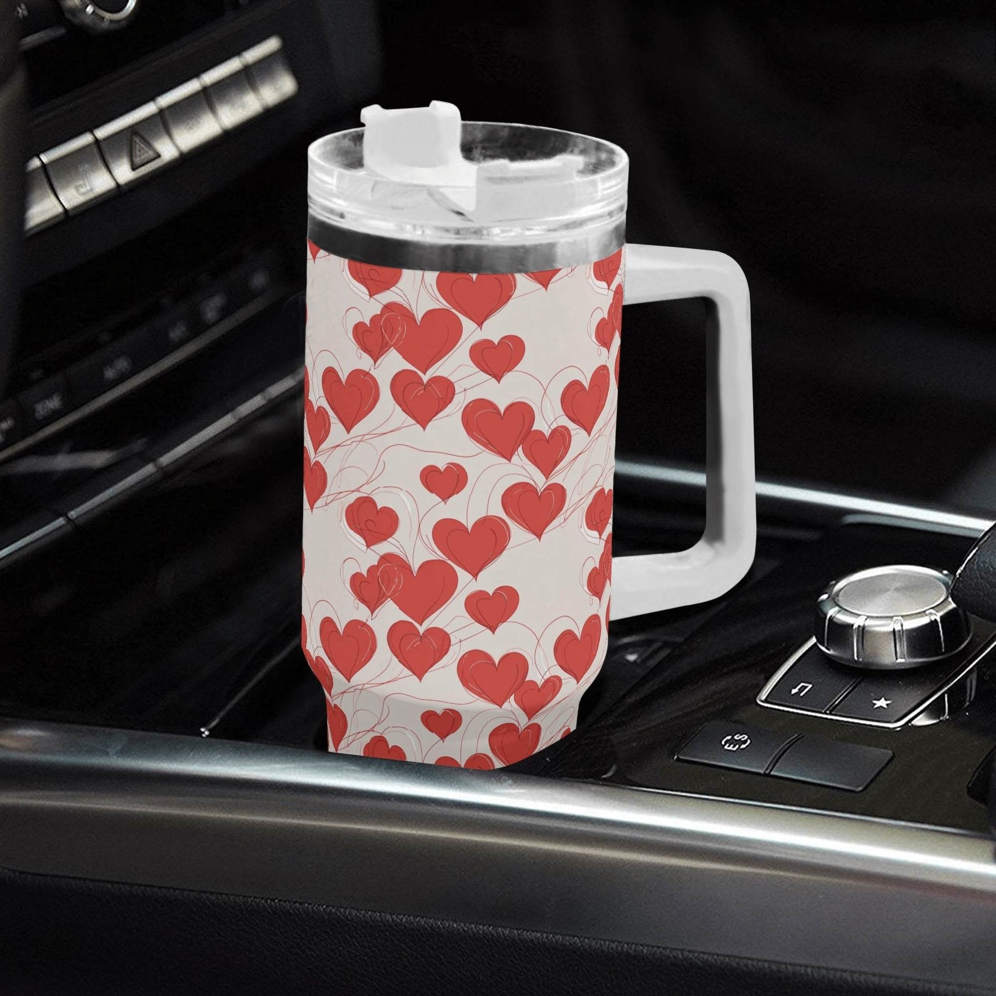 Minimal Hearts 40oz Stainless Steel Tumbler Gift With White Handle and Straw - DeRose Seasonal