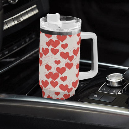 Minimal Hearts 40oz Stainless Steel Tumbler Gift With White Handle and Straw - DeRose Seasonal