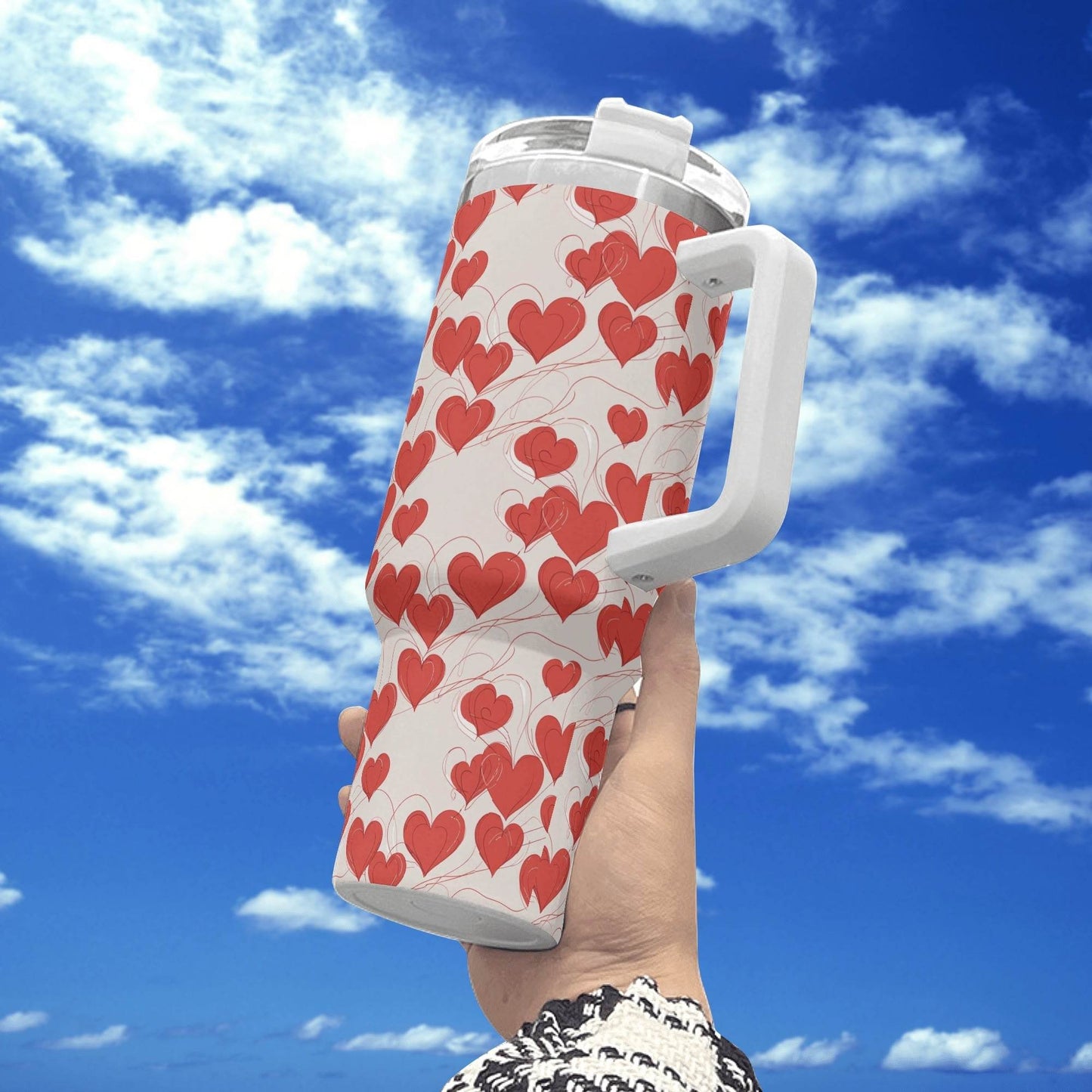Minimal Hearts 40oz Stainless Steel Tumbler Gift With White Handle and Straw - DeRose Seasonal