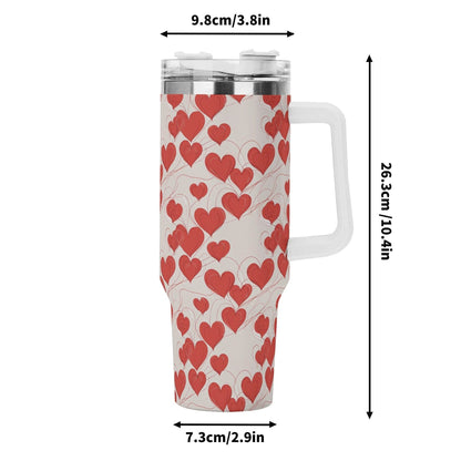 Minimal Hearts 40oz Stainless Steel Tumbler Gift With White Handle and Straw - DeRose Seasonal