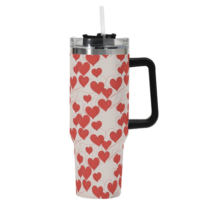 Minimal Hearts 40oz Stainless Steel Tumbler Gift With Black Handle and Straw - DeRose Seasonal
