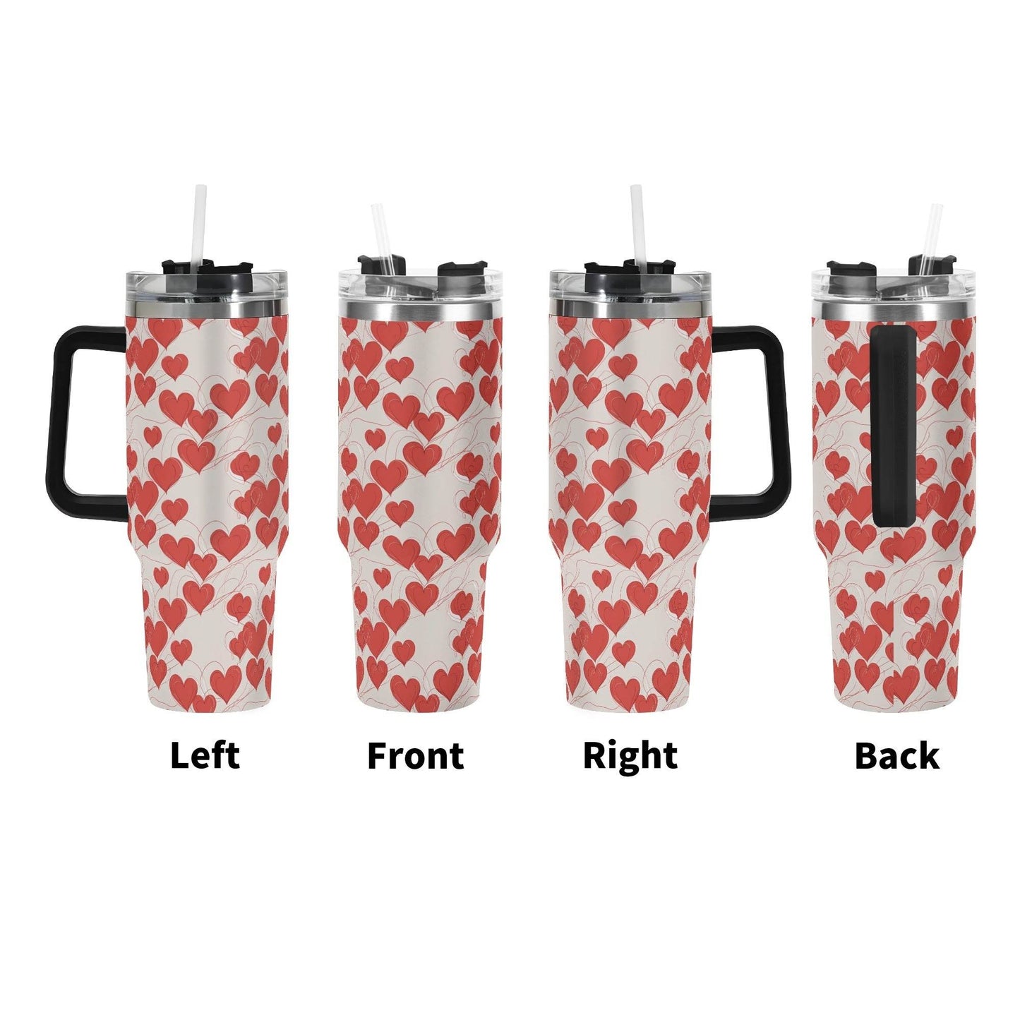 Minimal Hearts 40oz Stainless Steel Tumbler Gift With Black Handle and Straw - DeRose Seasonal