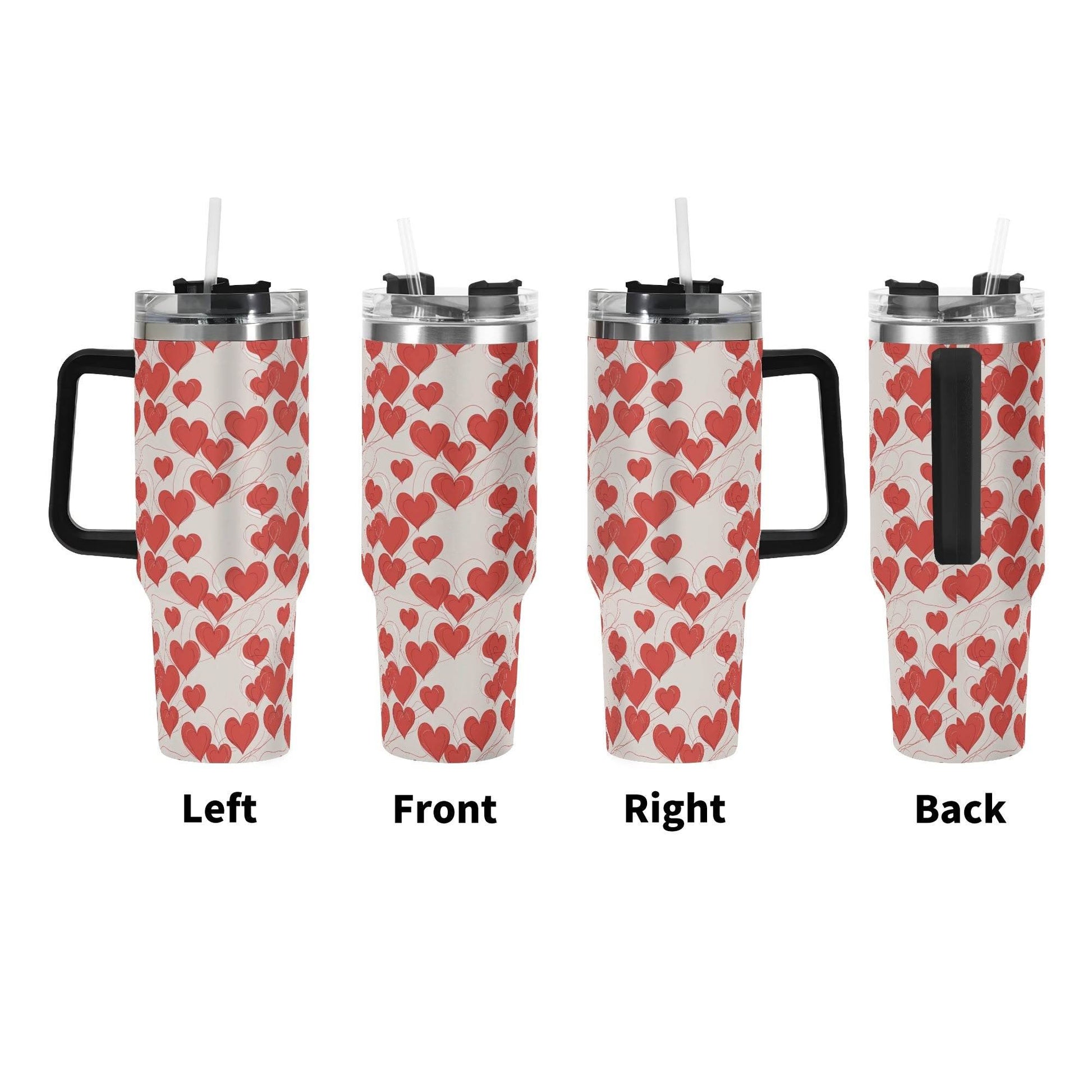 Minimal Hearts 40oz Stainless Steel Tumbler Gift With Black Handle and Straw - DeRose Seasonal