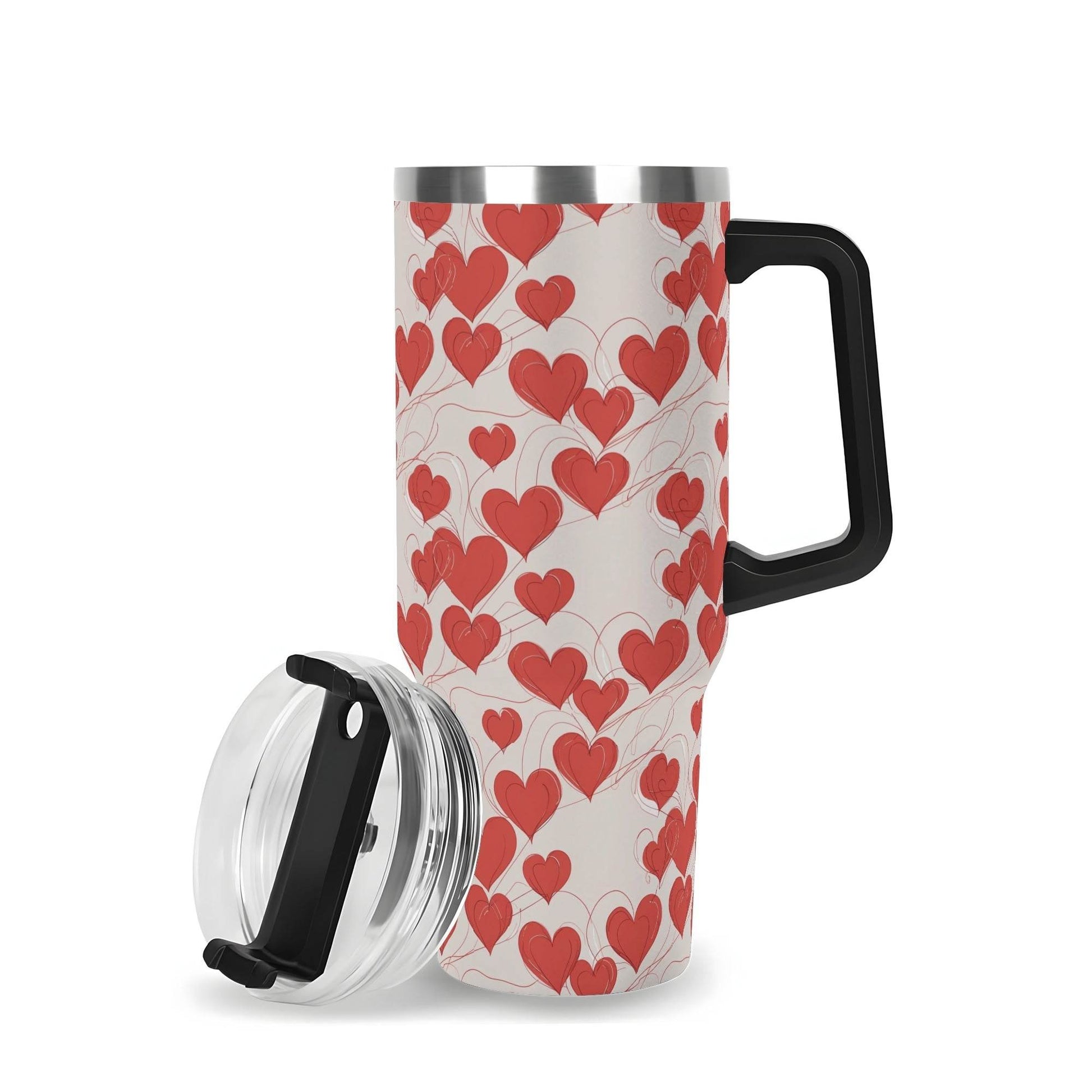 Minimal Hearts 40oz Stainless Steel Tumbler Gift With Black Handle and Straw - DeRose Seasonal