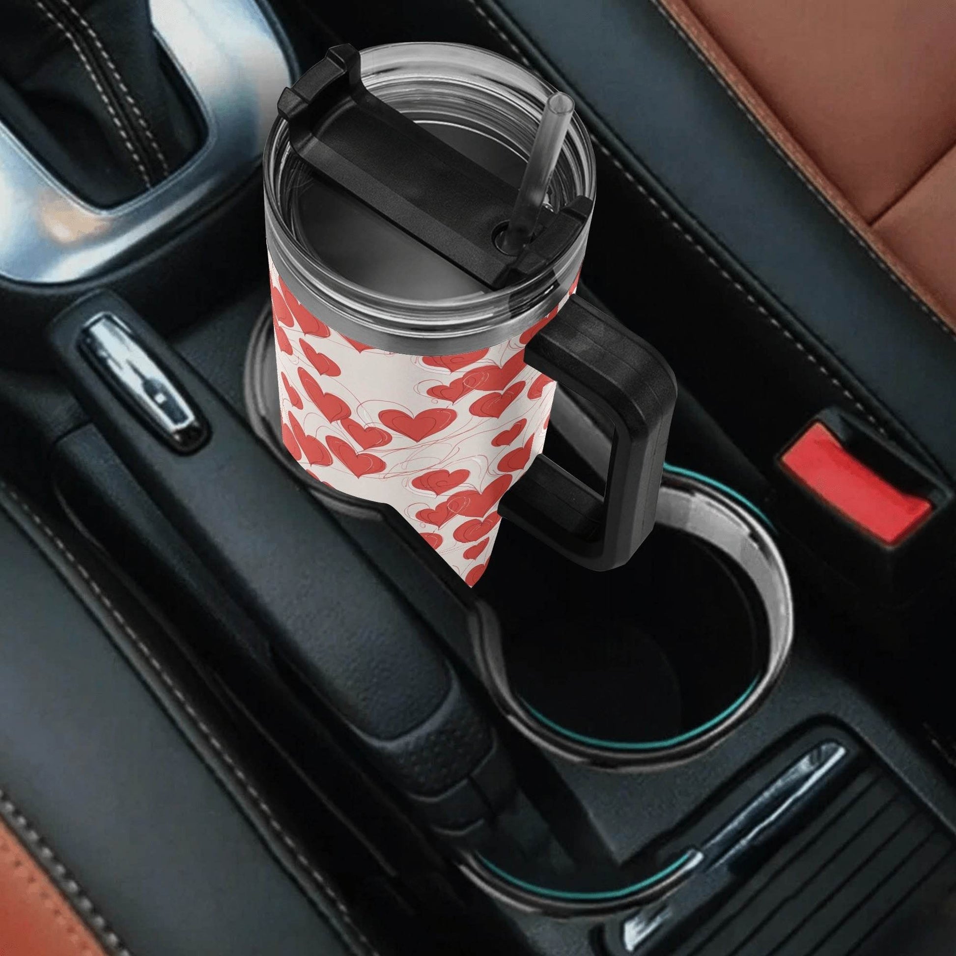 Minimal Hearts 40oz Stainless Steel Tumbler Gift With Black Handle and Straw - DeRose Seasonal