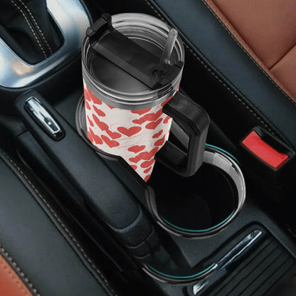 Minimal Hearts 40oz Stainless Steel Tumbler Gift With Black Handle and Straw - DeRose Seasonal