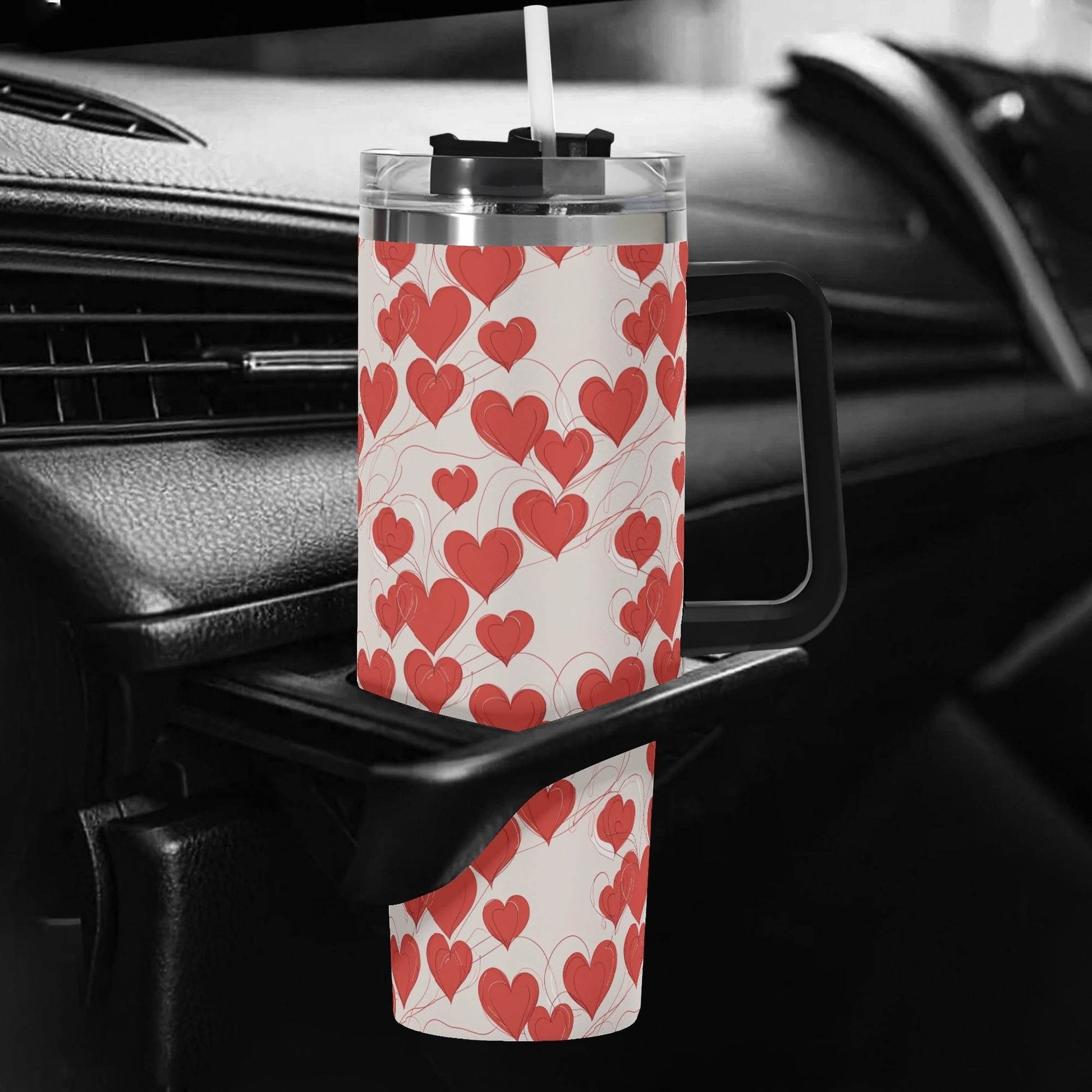 Minimal Hearts 40oz Stainless Steel Tumbler Gift With Black Handle and Straw - DeRose Seasonal