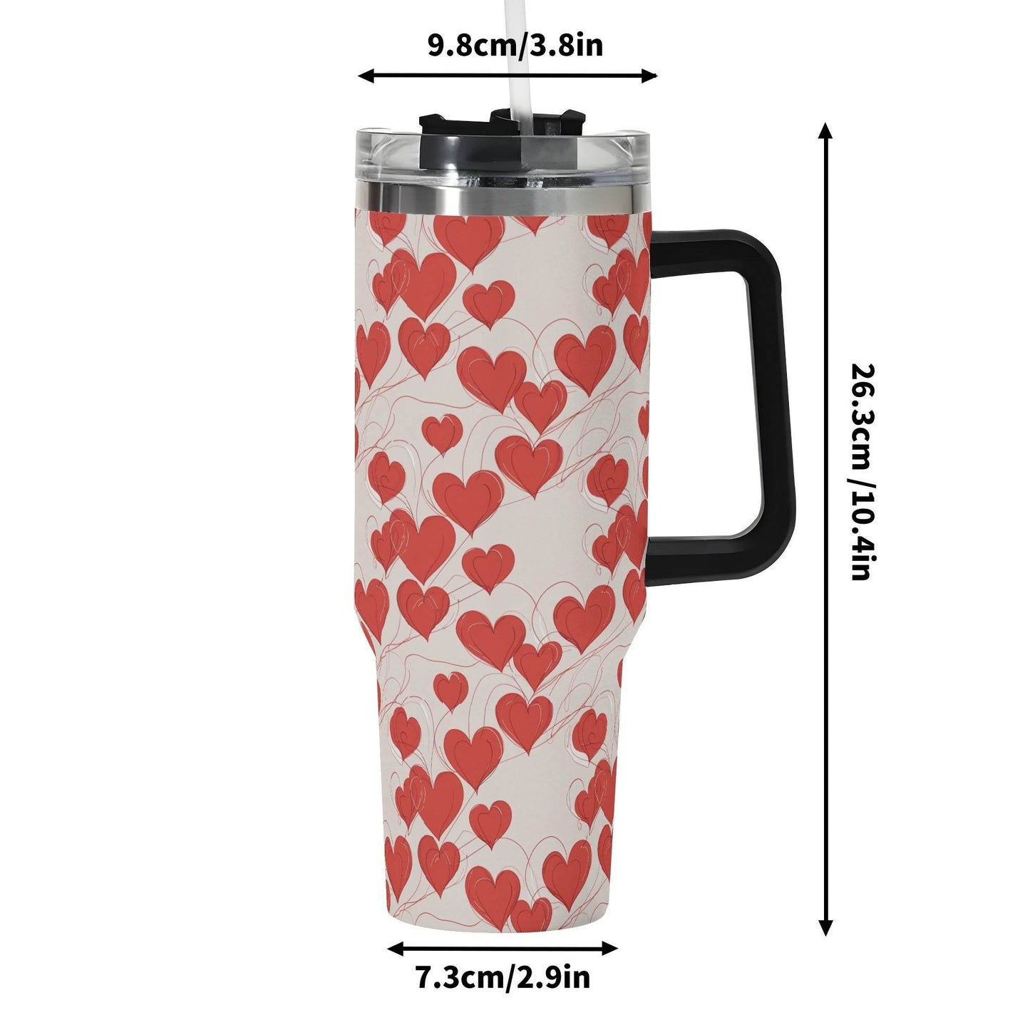Minimal Hearts 40oz Stainless Steel Tumbler Gift With Black Handle and Straw - DeRose Seasonal