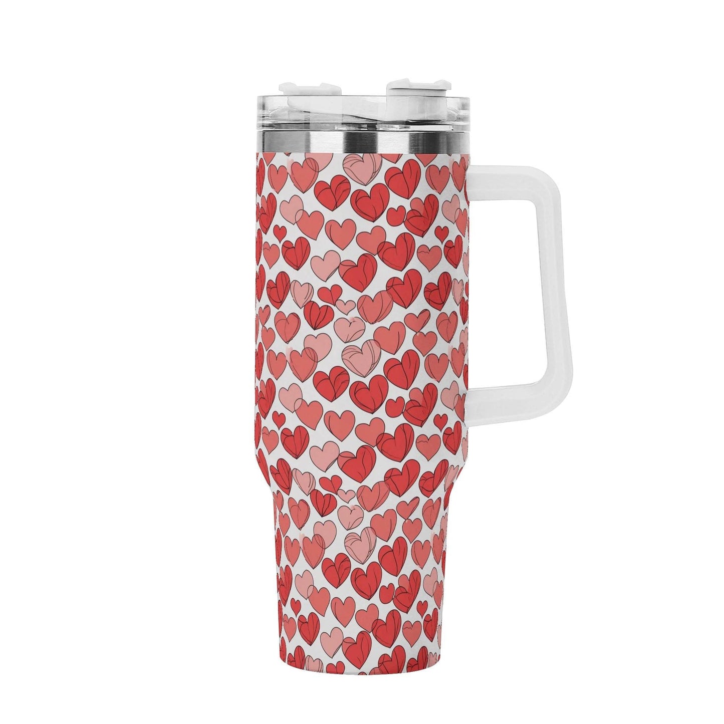 Red Little Hearts 40oz Stainless Steel Tumbler Gift With White Handle and Straw - DeRose Seasonal