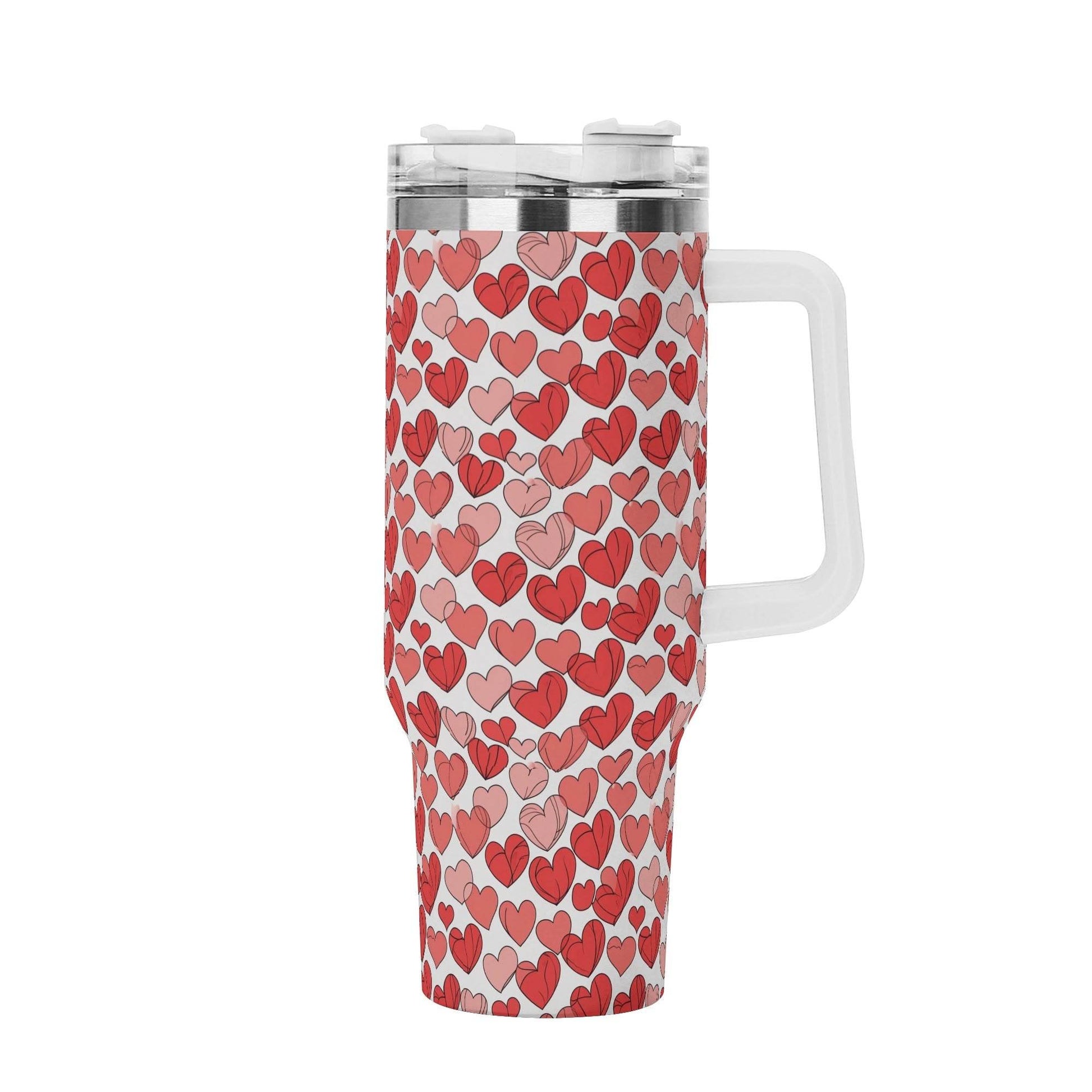 Red Little Hearts 40oz Stainless Steel Tumbler Gift With White Handle and Straw - DeRose Seasonal