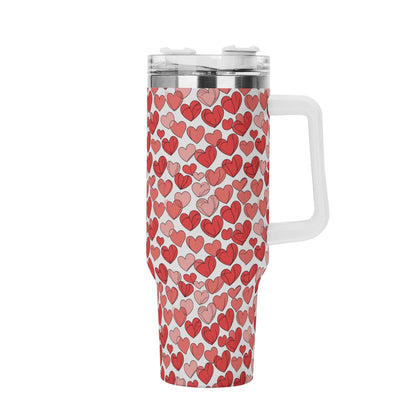 Red Little Hearts 40oz Stainless Steel Tumbler Gift With White Handle and Straw - DeRose Seasonal