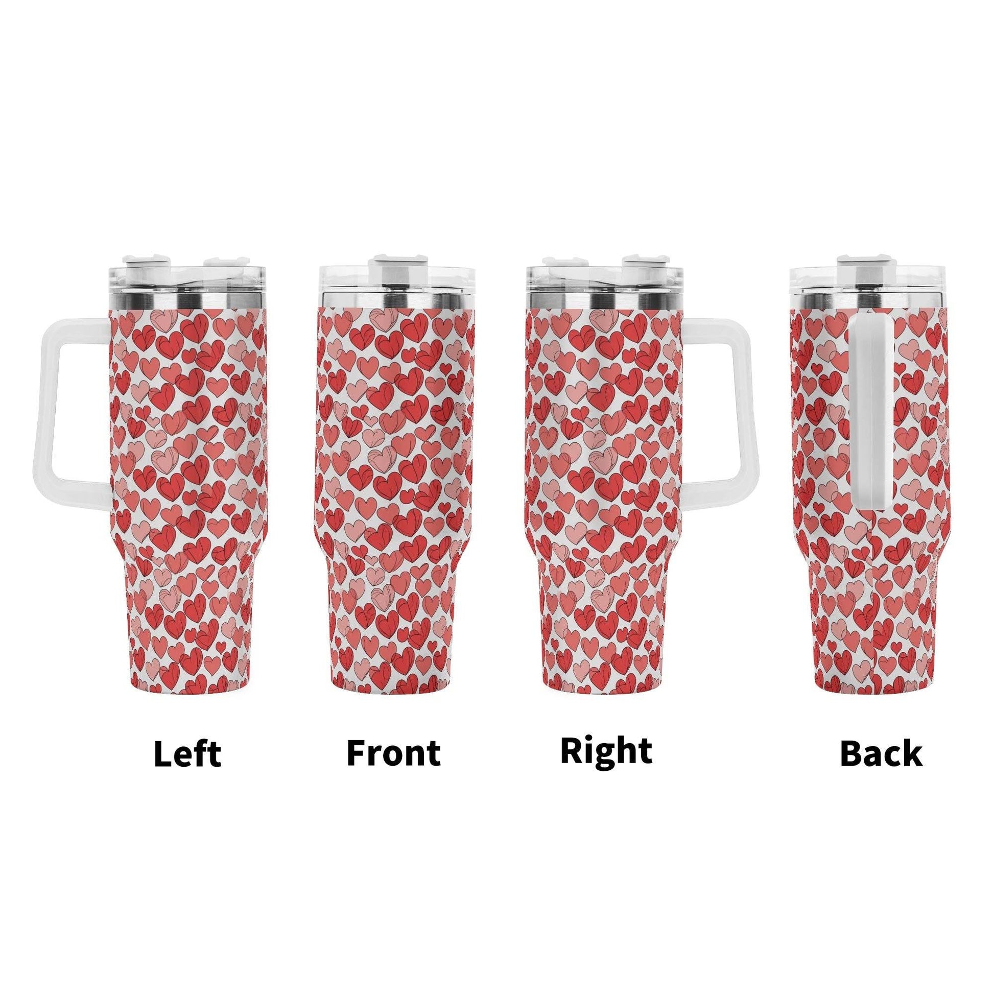 Red Little Hearts 40oz Stainless Steel Tumbler Gift With White Handle and Straw - DeRose Seasonal