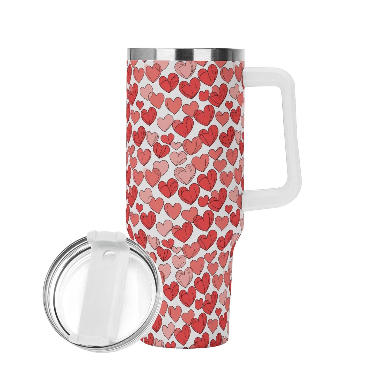 Red Little Hearts 40oz Stainless Steel Tumbler Gift With White Handle and Straw - DeRose Seasonal