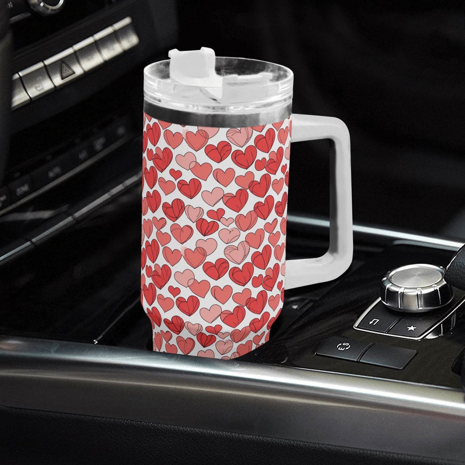 Red Little Hearts 40oz Stainless Steel Tumbler Gift With White Handle and Straw - DeRose Seasonal