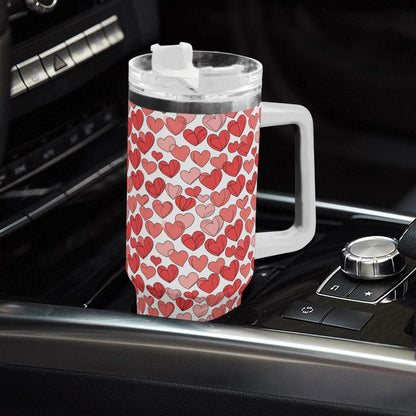 Red Little Hearts 40oz Stainless Steel Tumbler Gift With White Handle and Straw - DeRose Seasonal